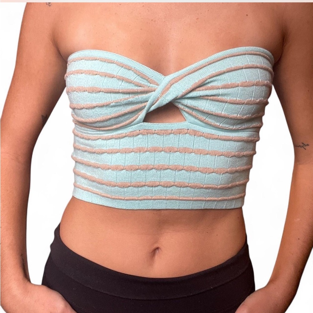 Aerie Blue and Tan Ribbed Crop Top with Cross Front